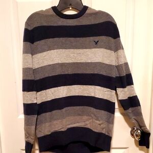 American Eagle Outfitters Athletic Fit Men's Striped Navy Blue/Gray Sweater - XL